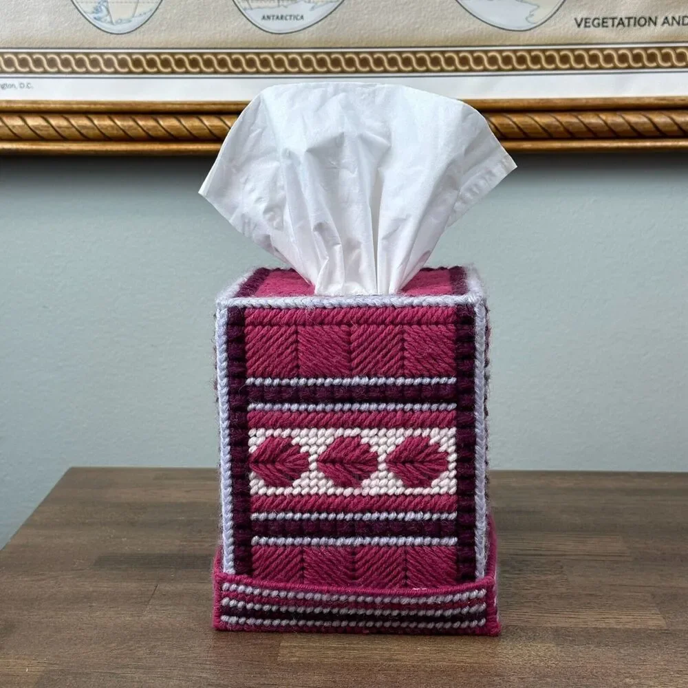 Vtg Handmade Tissue Box Cover + Base Pink Needlepoint Decor Gift Grandma Cottage